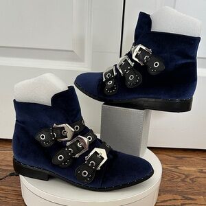 Sol Sana Maxwell Blue Velvet Black Leather Buckle Studded Ankle Booties Size 9